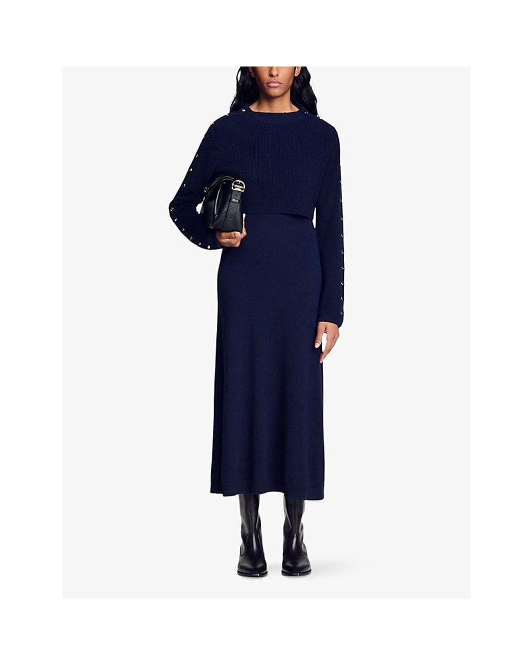 Sandro Blue Embellished Two-In-One Wool And Cashmere-Blend Maxi Dress