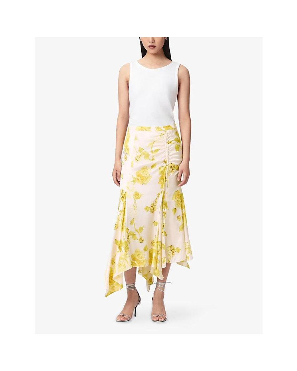 AllSaints Metallic Kathy Floral-Print Silk-Blend Midi Skirt