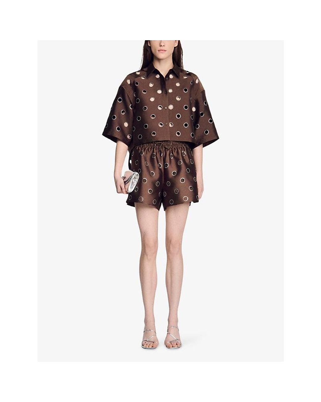 Sandro Brown Rhinestone-Embellished Cut-Out Cropped Woven Shirt