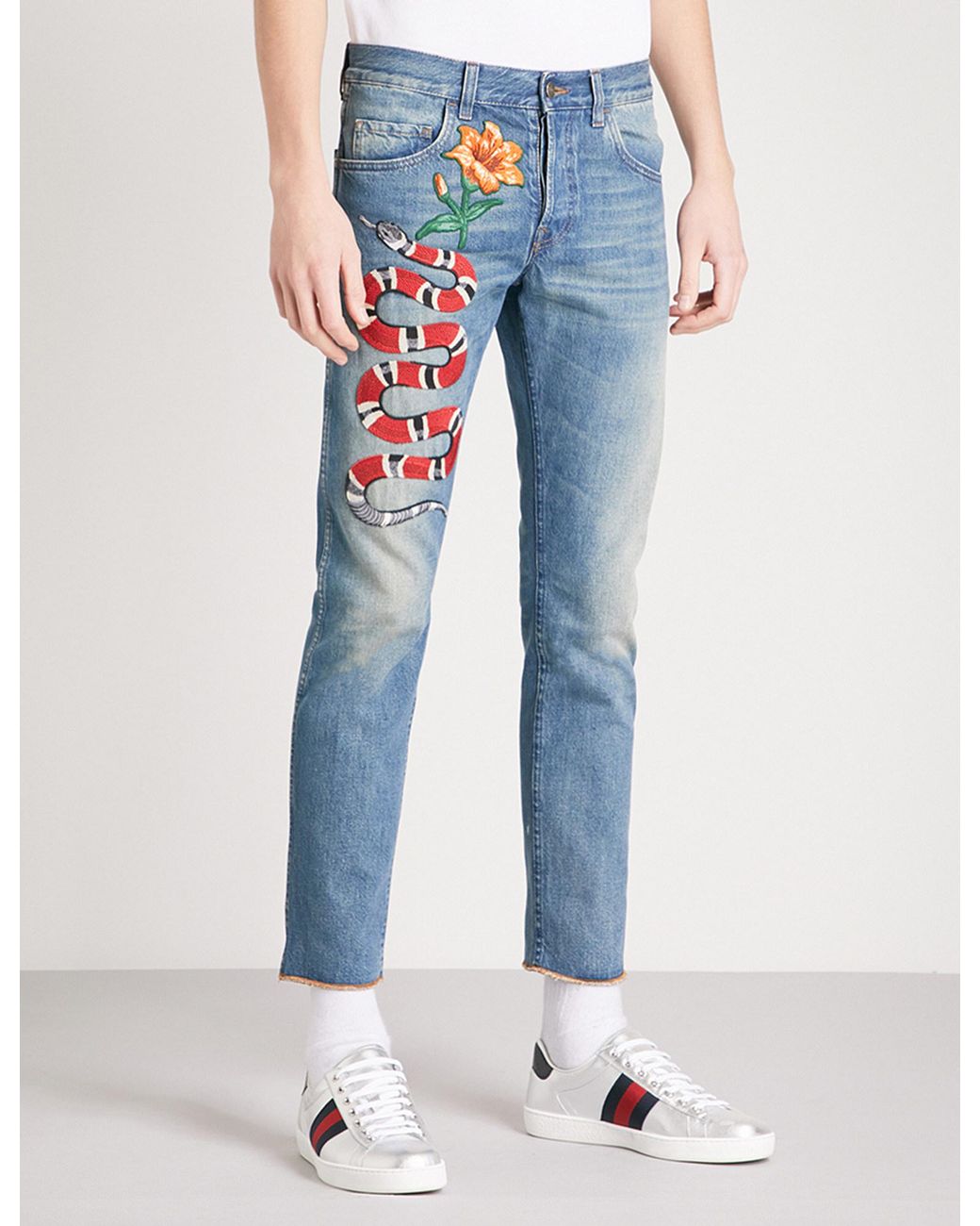 Gucci Denim Snake-embroidered Straight Cropped Jeans in Blue for Men | Lyst