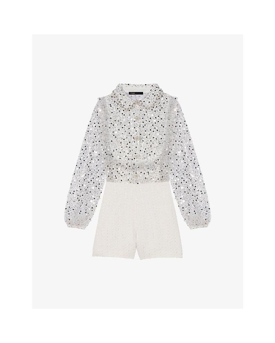 Maje White Sequin-Embellished Long-Sleeved Woven Playsuit