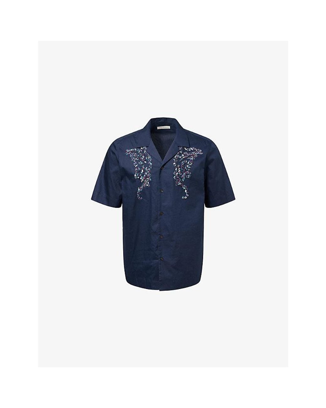 Dries Van Noten Blue Short-Sleeve Embroidered Cotton Shirt for men