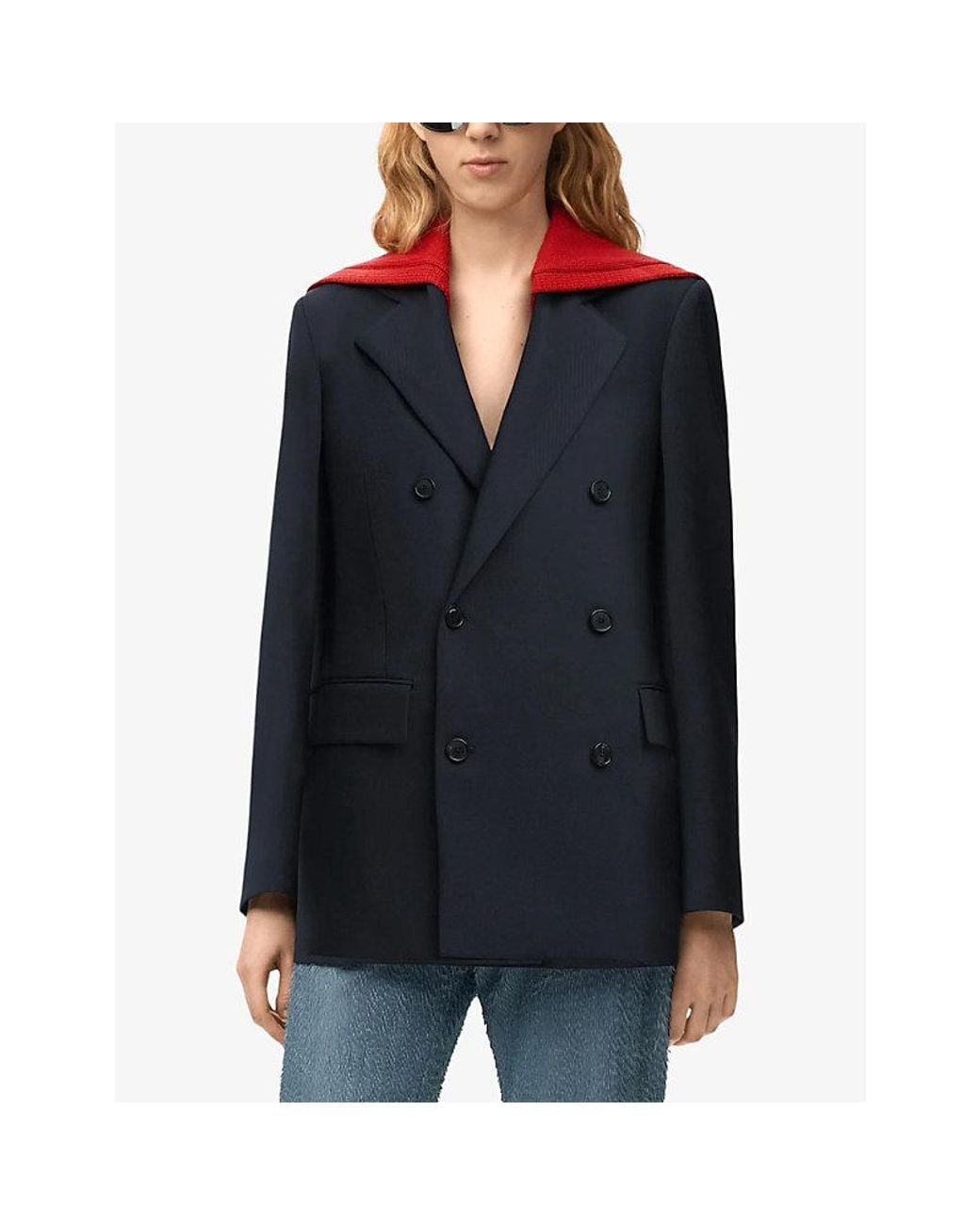 Loewe Blue Knitted-Panel Double-Breasted Wool Jacket