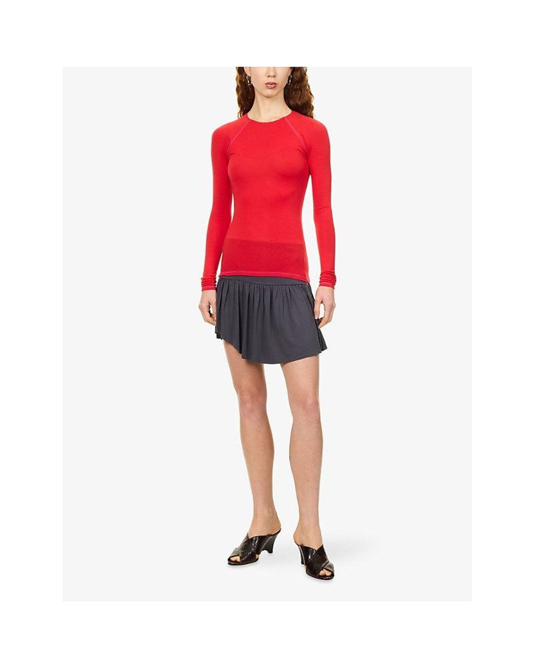Peachy Den Red Susie Long-Sleeve Stretch-Woven Top