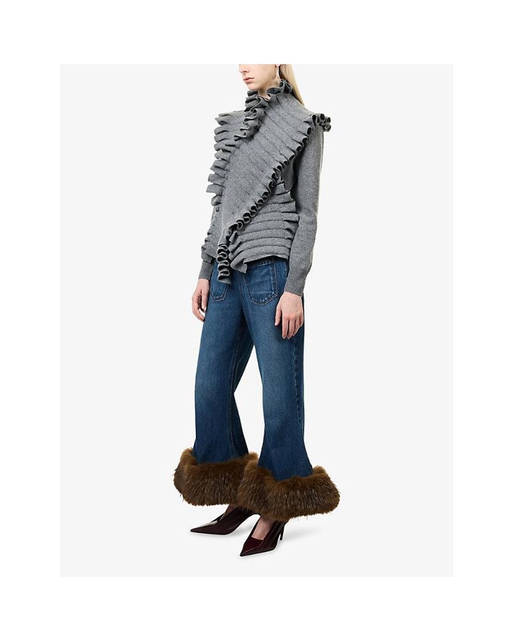 A.W.A.K.E. MODE Blue Cropped Flared Faux-Fur Trim Jeans