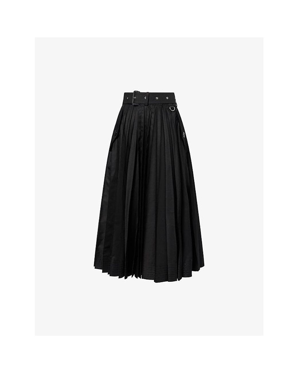 Sacai Black Belted Pleated Cotton-Garbadine Midi Skirt