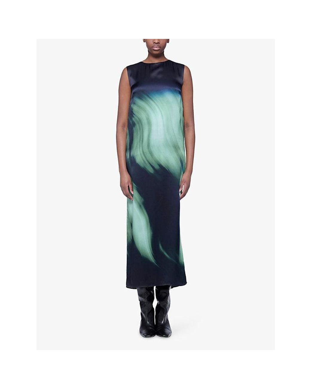 eem Green Sleeveless Printed Silk Midi Dress