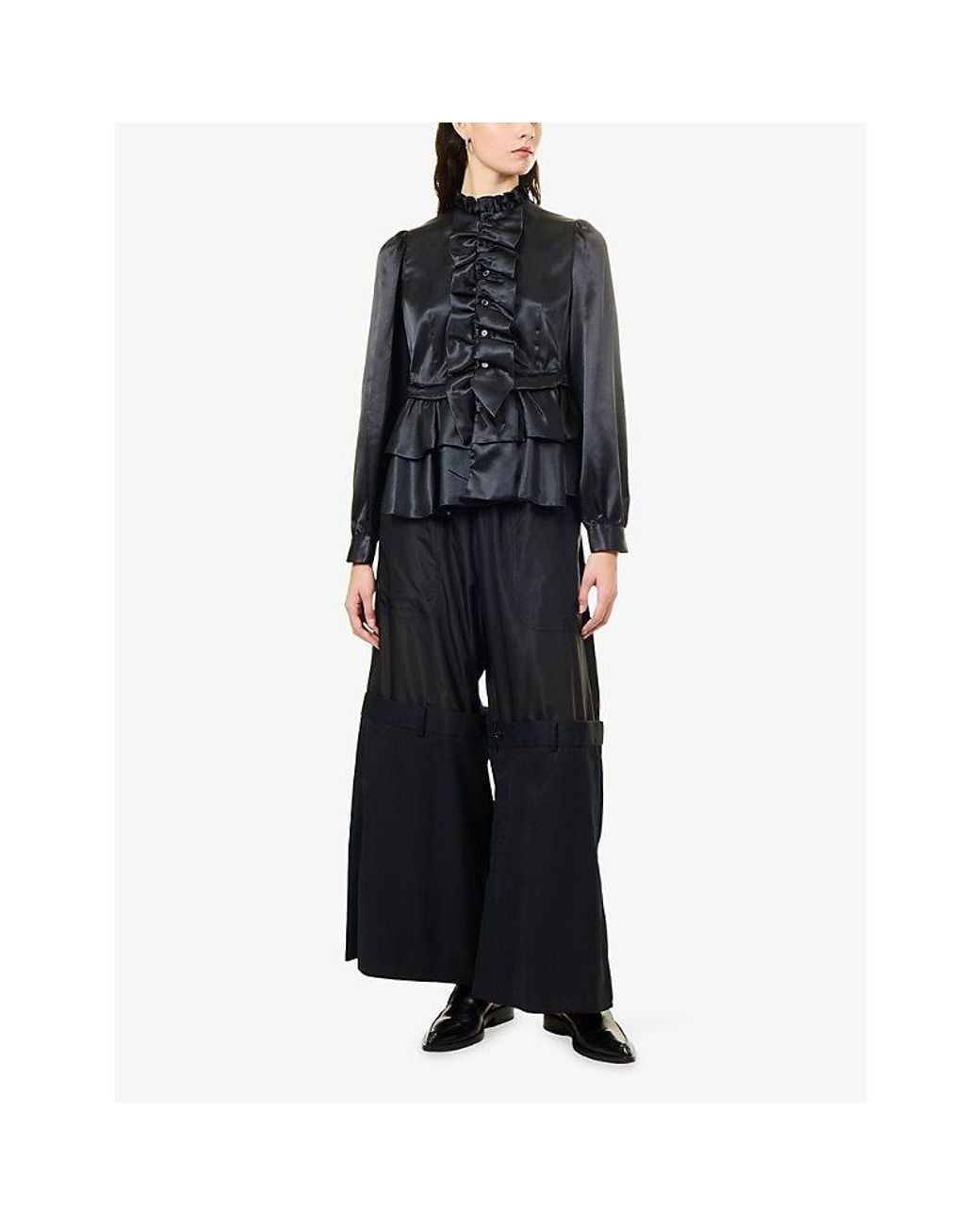 Noir Kei Ninomiya Black Ruffled Peplum Satin Shirt