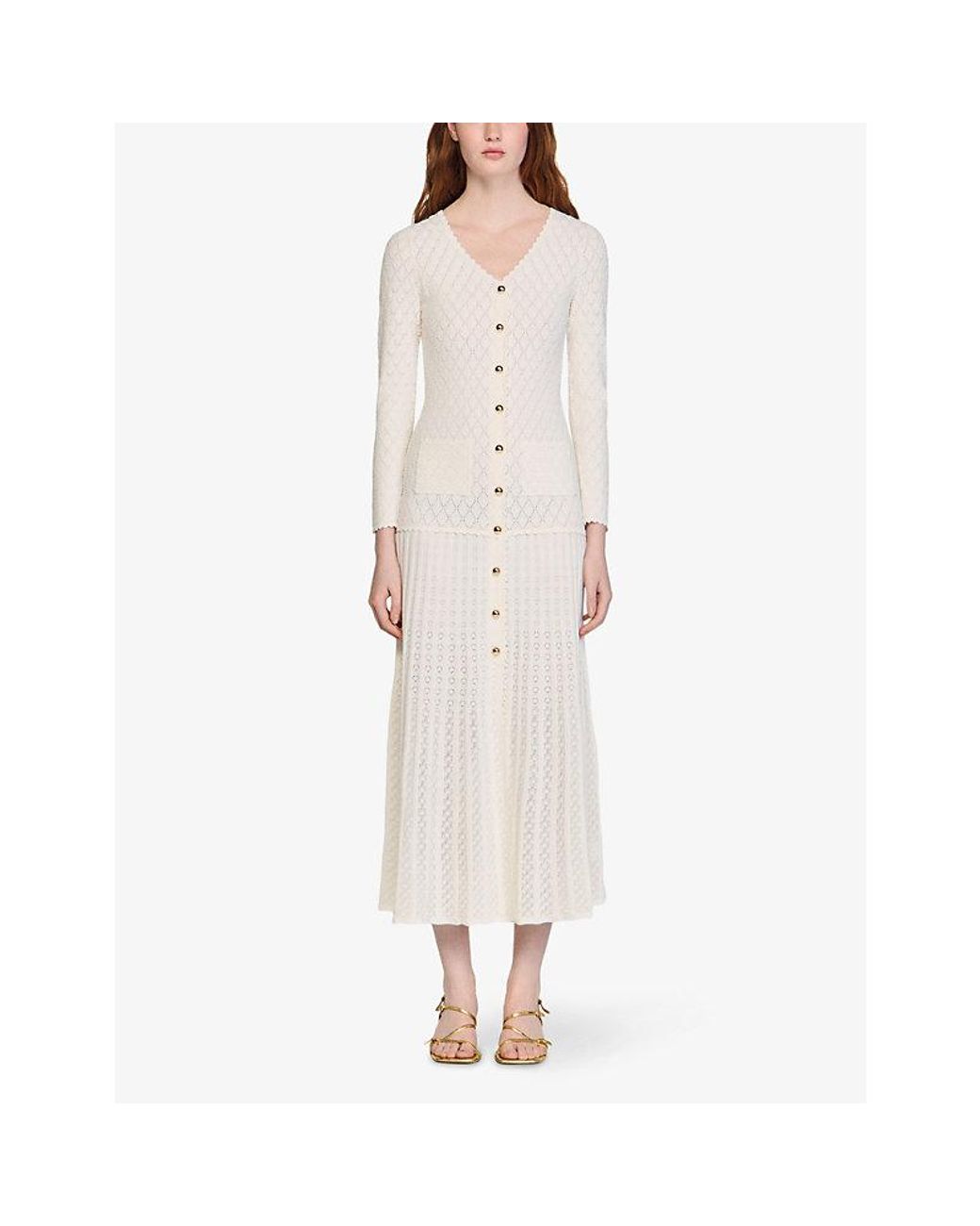Sandro Natural Long-Sleeve Flared Open-Knit Maxi Dress