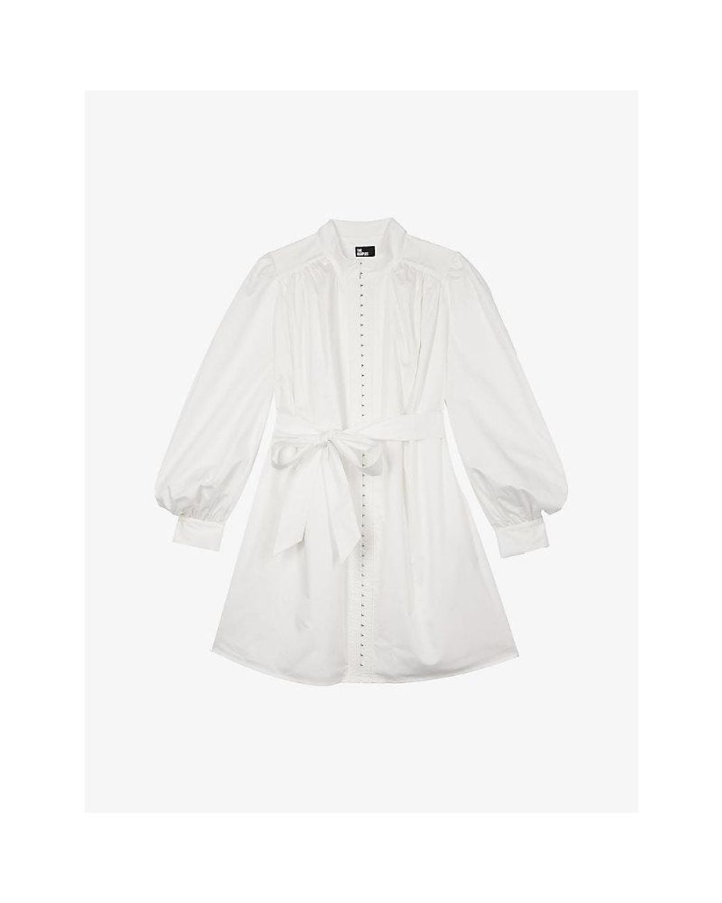 The Kooples White Belted Stand-Collar Cotton Mini Dress