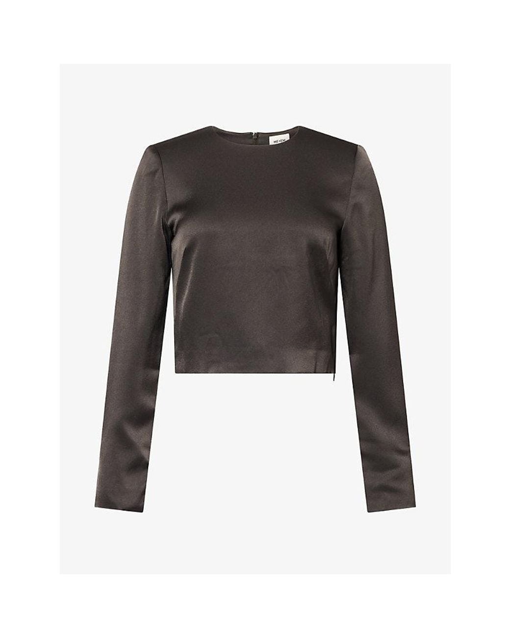 ME+EM Black Long-Sleeve Cropped Satin Top