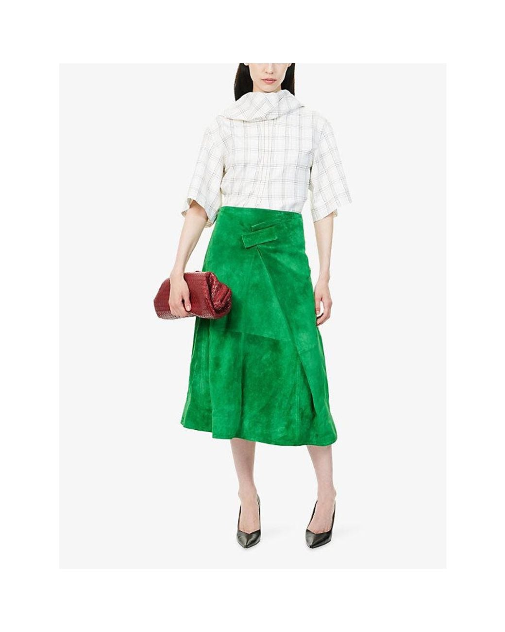 Bottega Veneta Green Wrap-Front A-Line Suede Midi Skirt