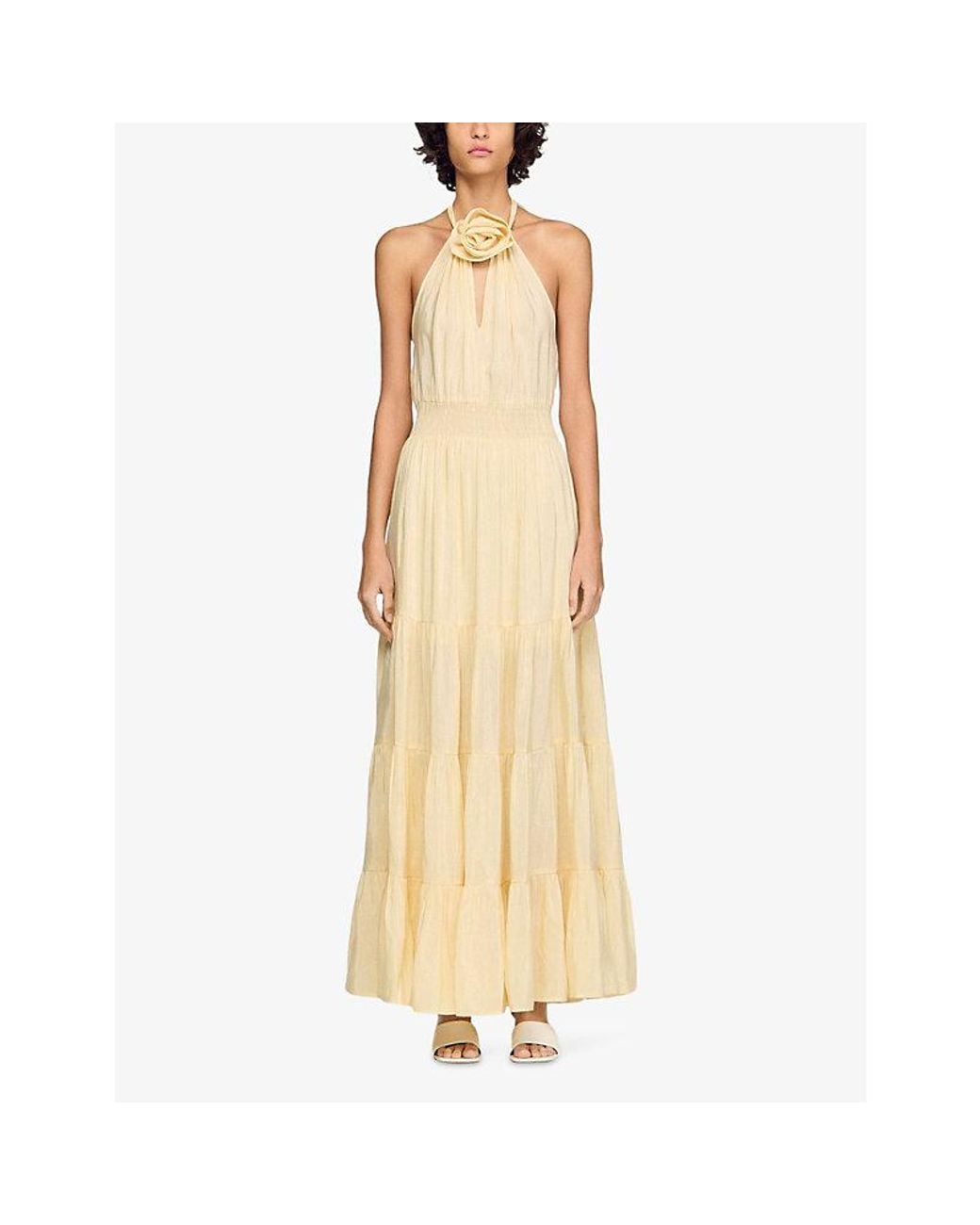Sandro Metallic Sleeveless Flower-Embellished Linen-Blend Maxi Dress