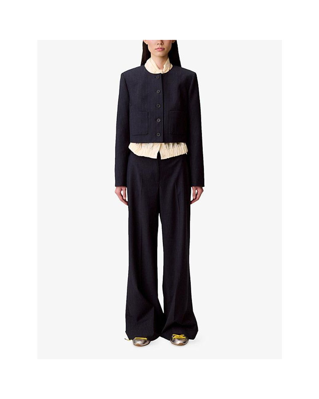 Claudie Pierlot Black Striped Round-Neck Stretch Wool-Blend Jacket