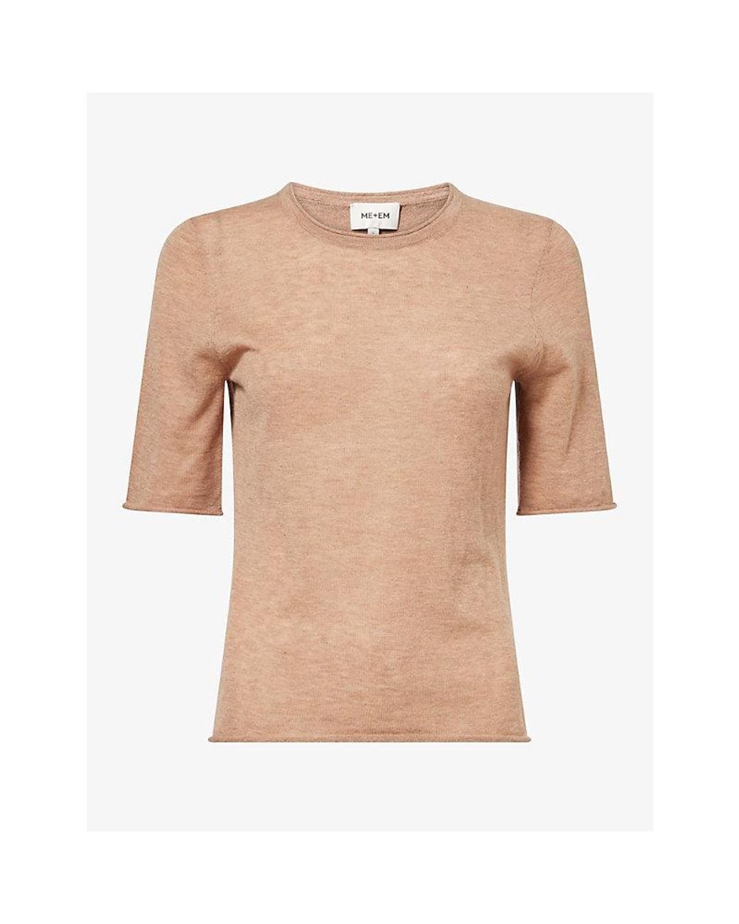 ME+EM Natural Rolled-Edge Short-Sleeve Cashmere Top