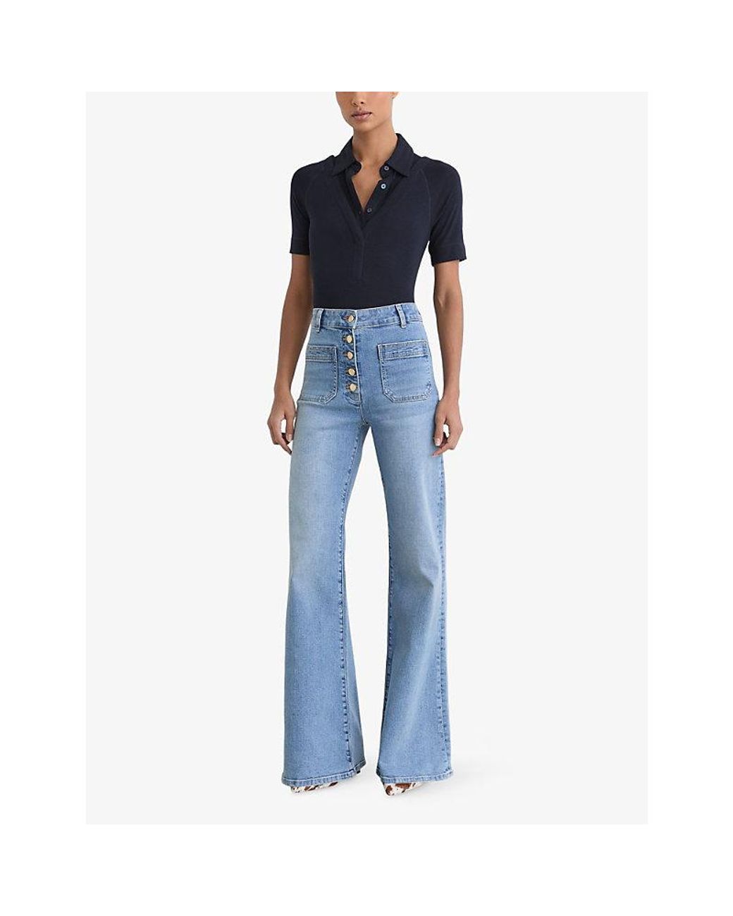 Reiss Blue Shona Collar-Insert Stretch-Knit Top