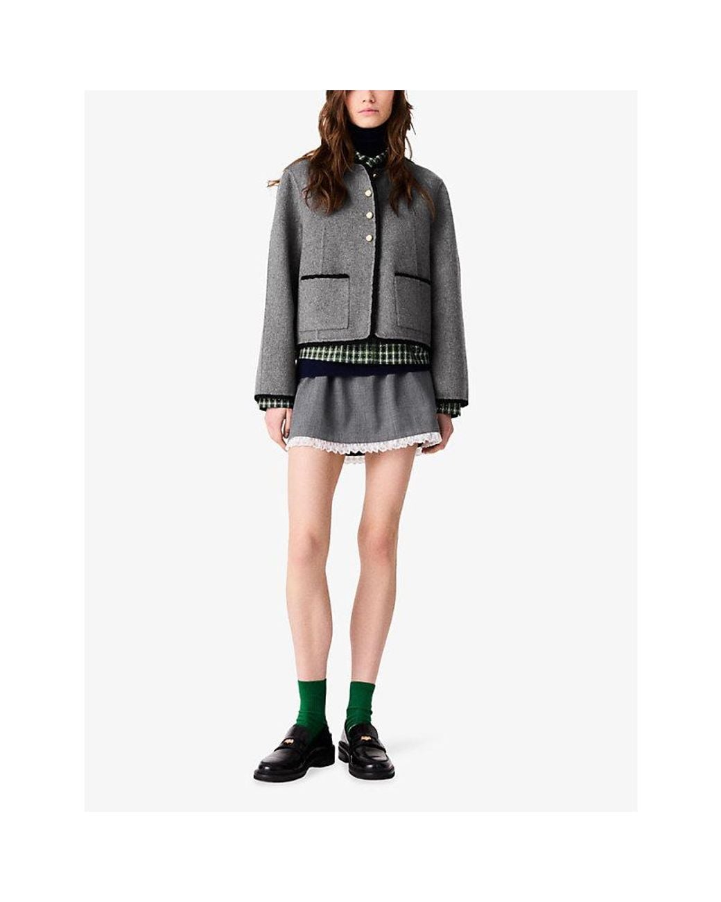 Maje Gray Contrast-Trim Double-Faced Wool-Blend Jacket