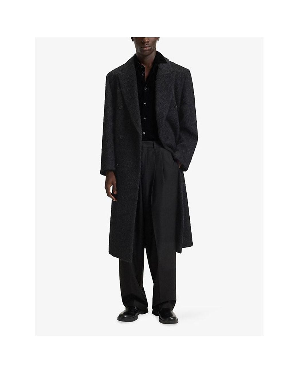 HUGO Black Double-Breasted Relaxed-Fit Wool-Blend Coat for men