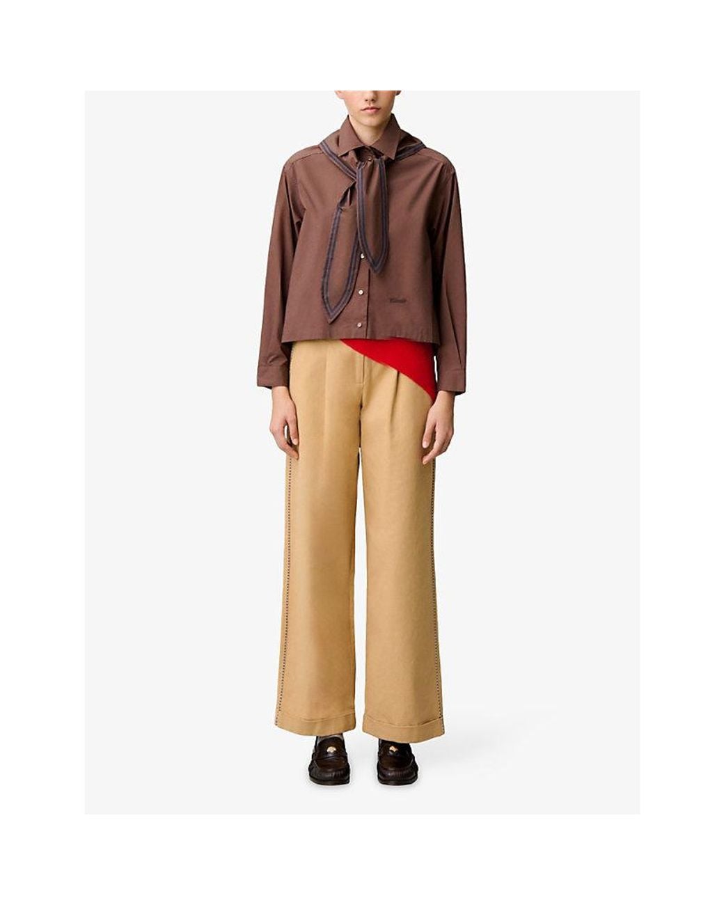 Claudie Pierlot Brown Scarf-Detail Brand-Embroidered Cotton-Poplin Shirt