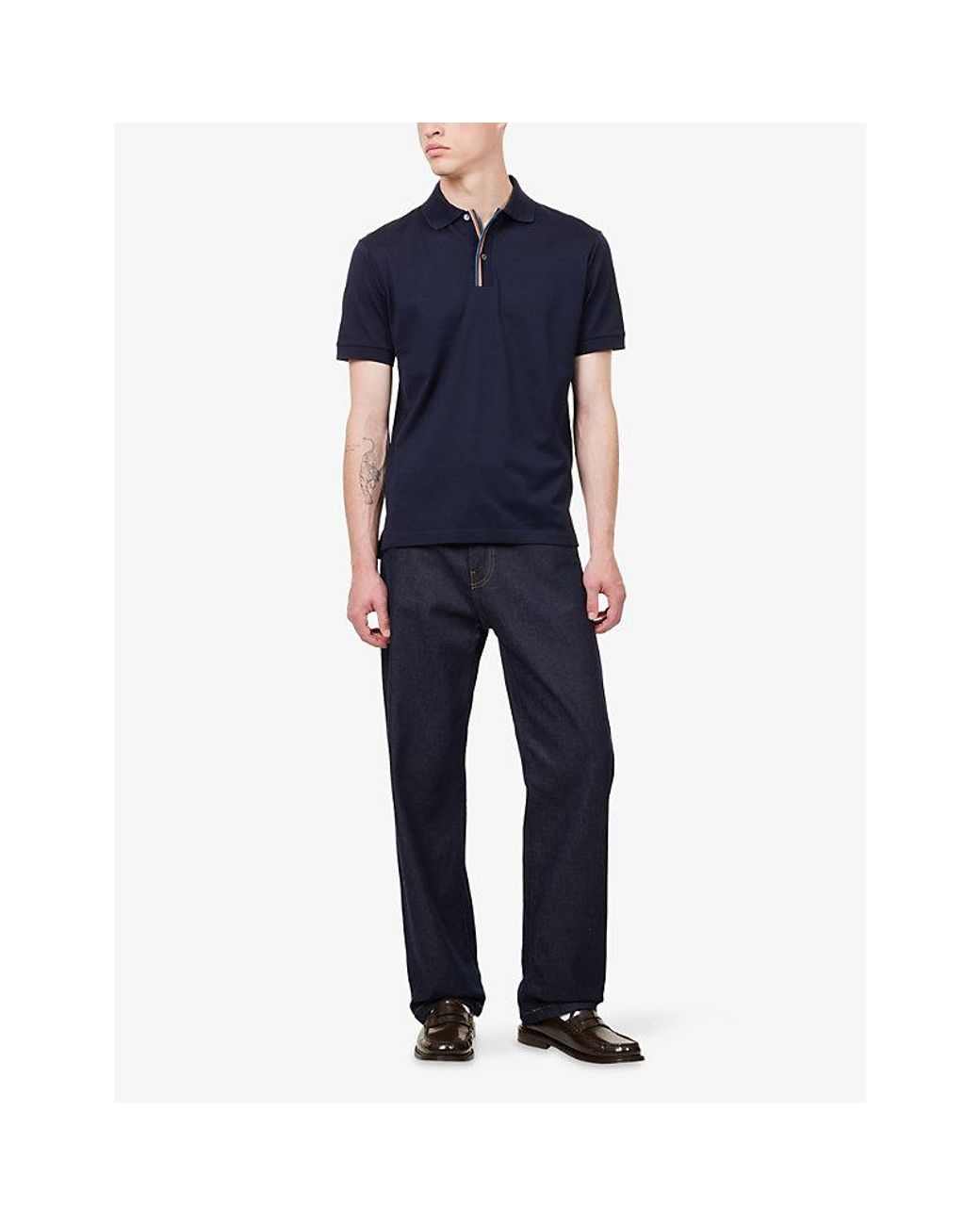 Paul Smith Blue Stripe-Trim Short-Sleeve Cotton Polo T-Shirt for men