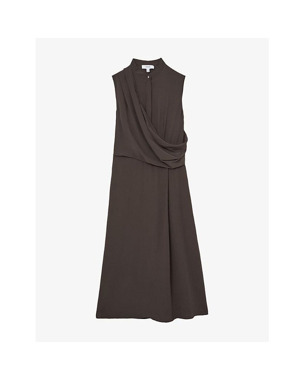 Reiss Brown Gracie Asymmetric-Drape Woven Midi Dress