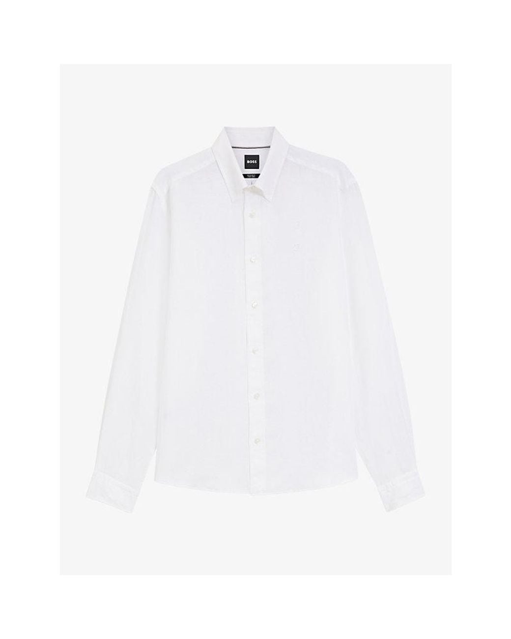 Boss White Brand-Embroidered Long-Sleeved Linen Shirt for men