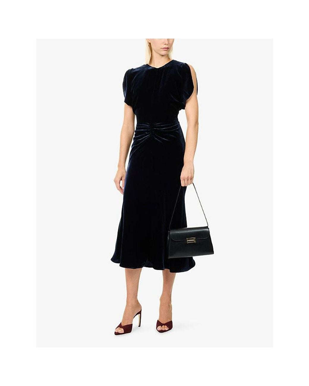 Victoria Beckham Blue Bela Gathered-Front Detail Velvet Midi Dress