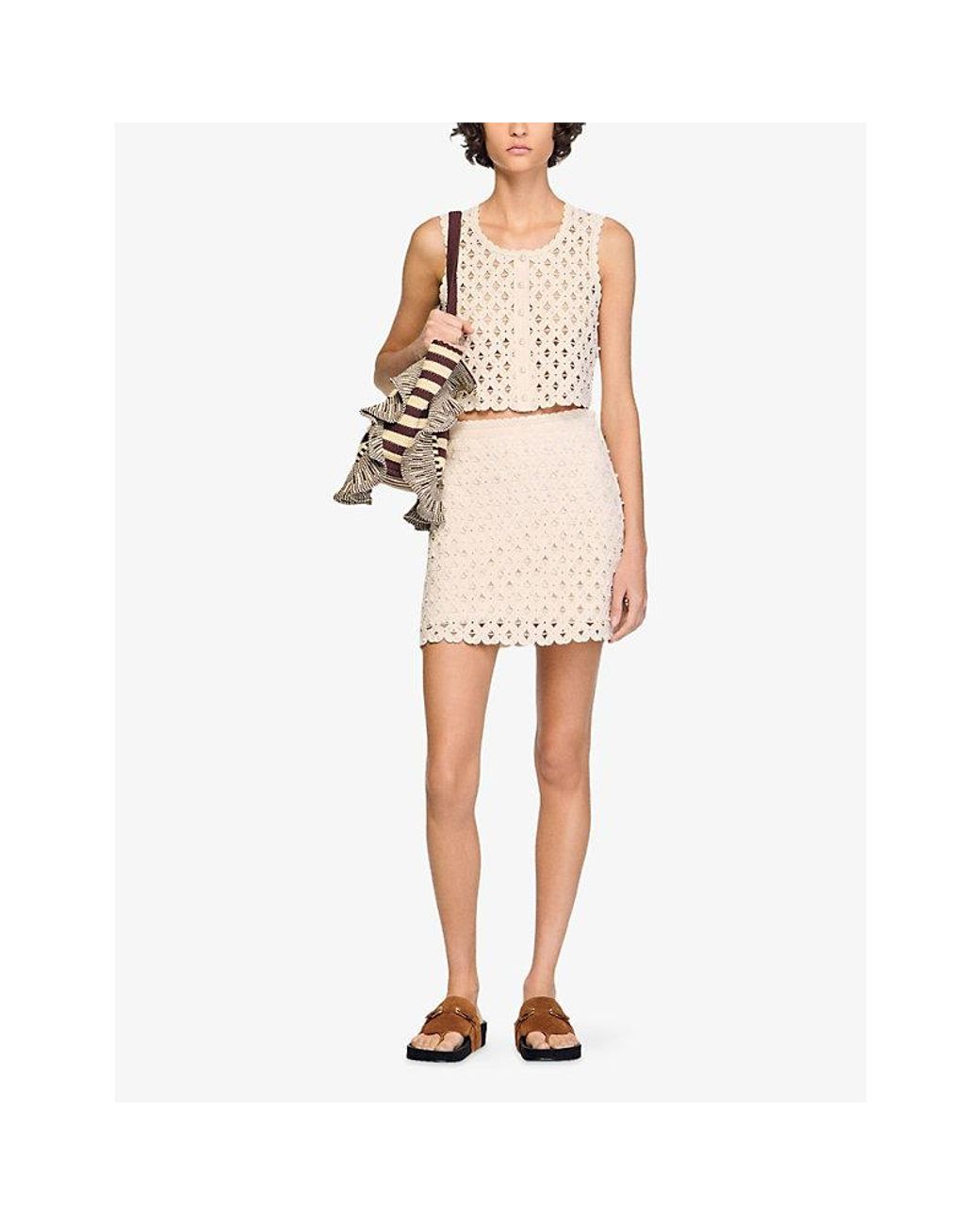 Sandro Natural Beaded High-Rise Crochet Mini Skirt
