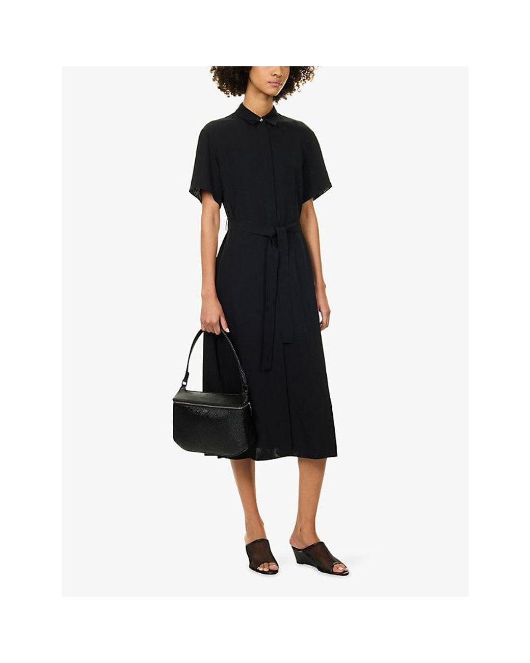 Theory Black Belted A-Line Woven Midi Shirt Dress