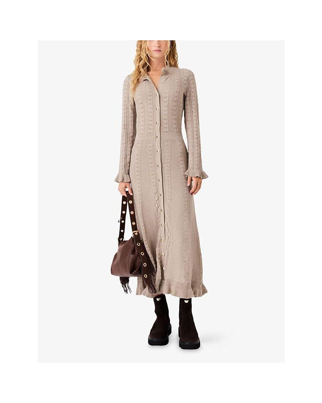 Maje Natural Textured Long-Sleeve Wool And Cotton-Blend Midi Dress