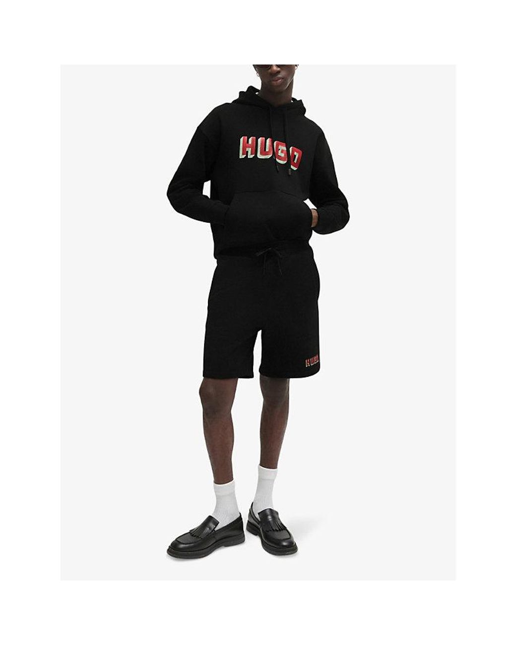 HUGO Black Logo-Print Relaxed-Fit Cotton Sweatshorts for men