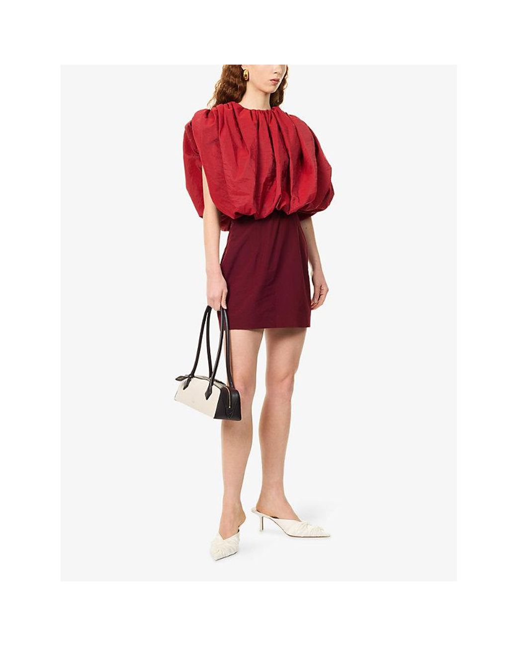 Magda Butrym Red Puffed-Bodice Fitted Silk-Blend Mini Dress
