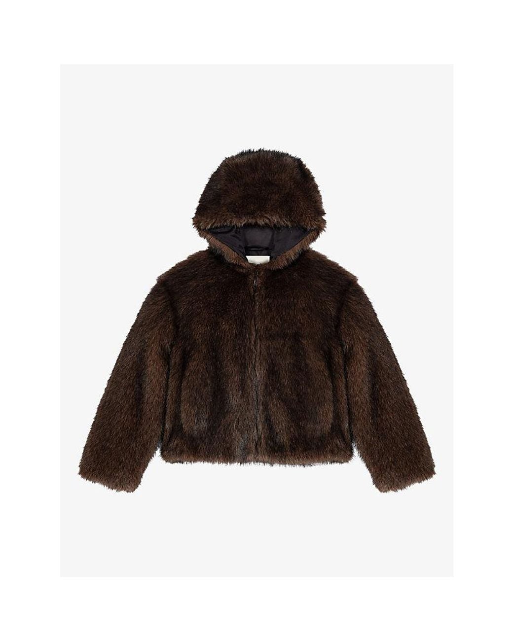Maje Brown Hooded Relaxed-Fit Faux-Fur Jacket