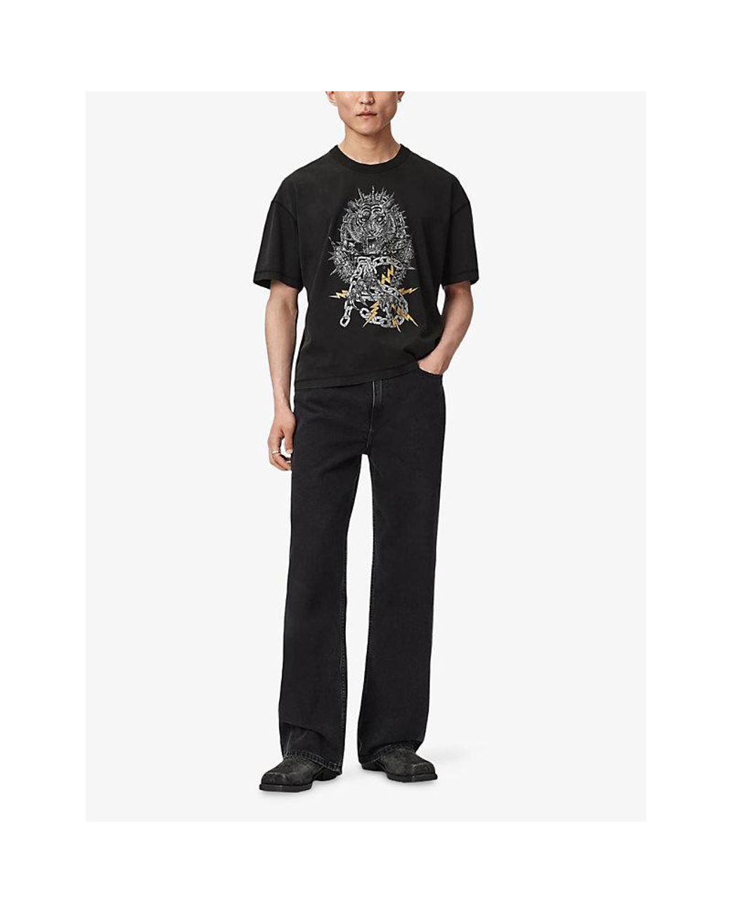 AllSaints Black Iron Tiger Graphic-Print Cotton T-Shirt for men
