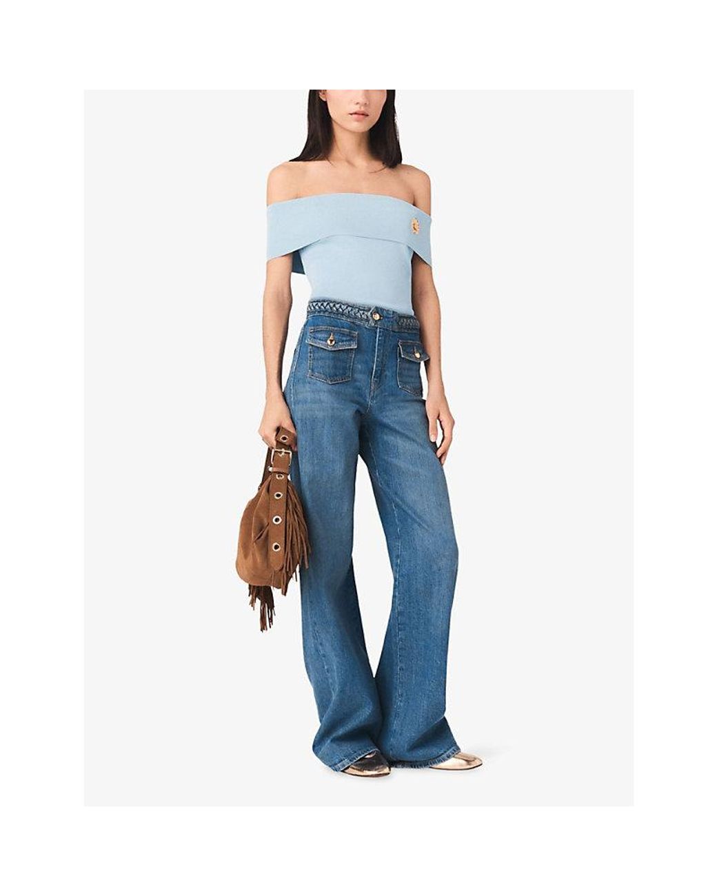 Maje Blue Braided-Waist Flared-Leg Denim Jeans