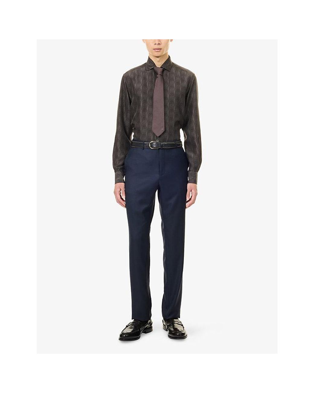 Corneliani Gray Wave Printed Long-Sleeve Silk Shirt for men