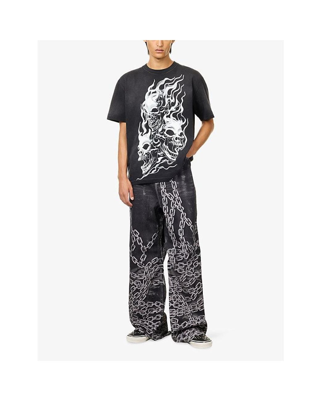 THUG CLUB Black Three Riding Skull Cotton T-Shirt for men