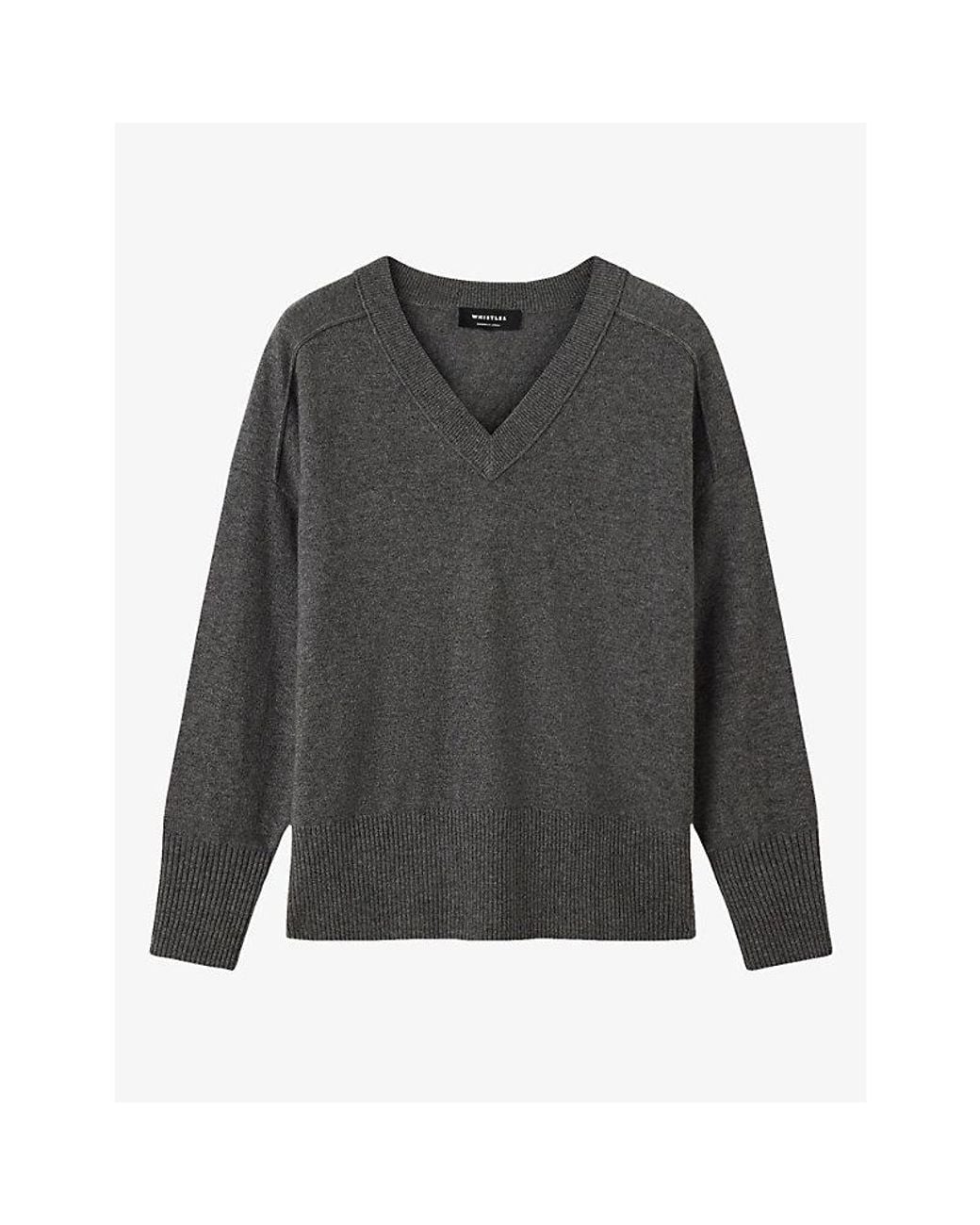 Whistles Gray V-Neck Seam-Detail Cashmere Jumper