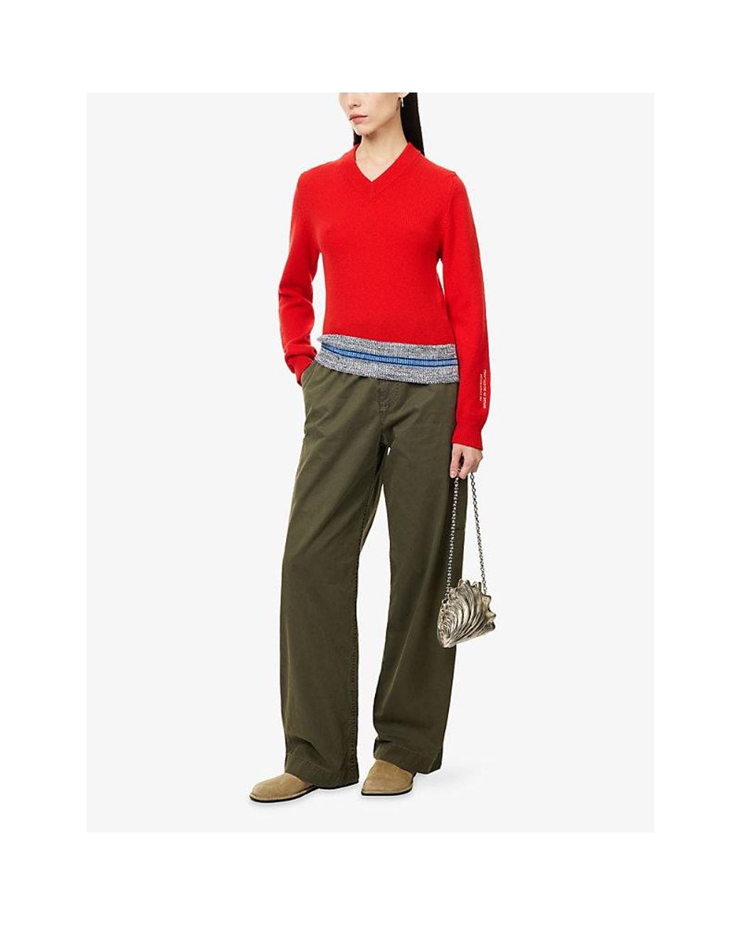 J.W. Anderson Red V-Neck Contrast-Trim Wool Jumper