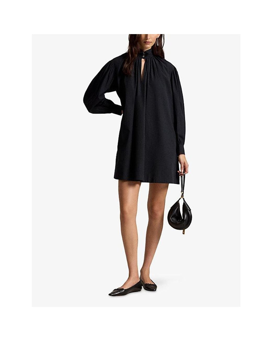 Polo Ralph Lauren Black Pleated Tuxedo-Collar Cotton Mini Dress