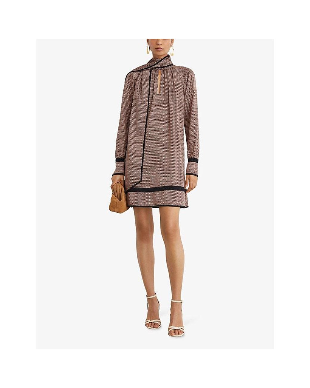 Reiss Brown Alwen Geometric-Print Woven Mini Dress