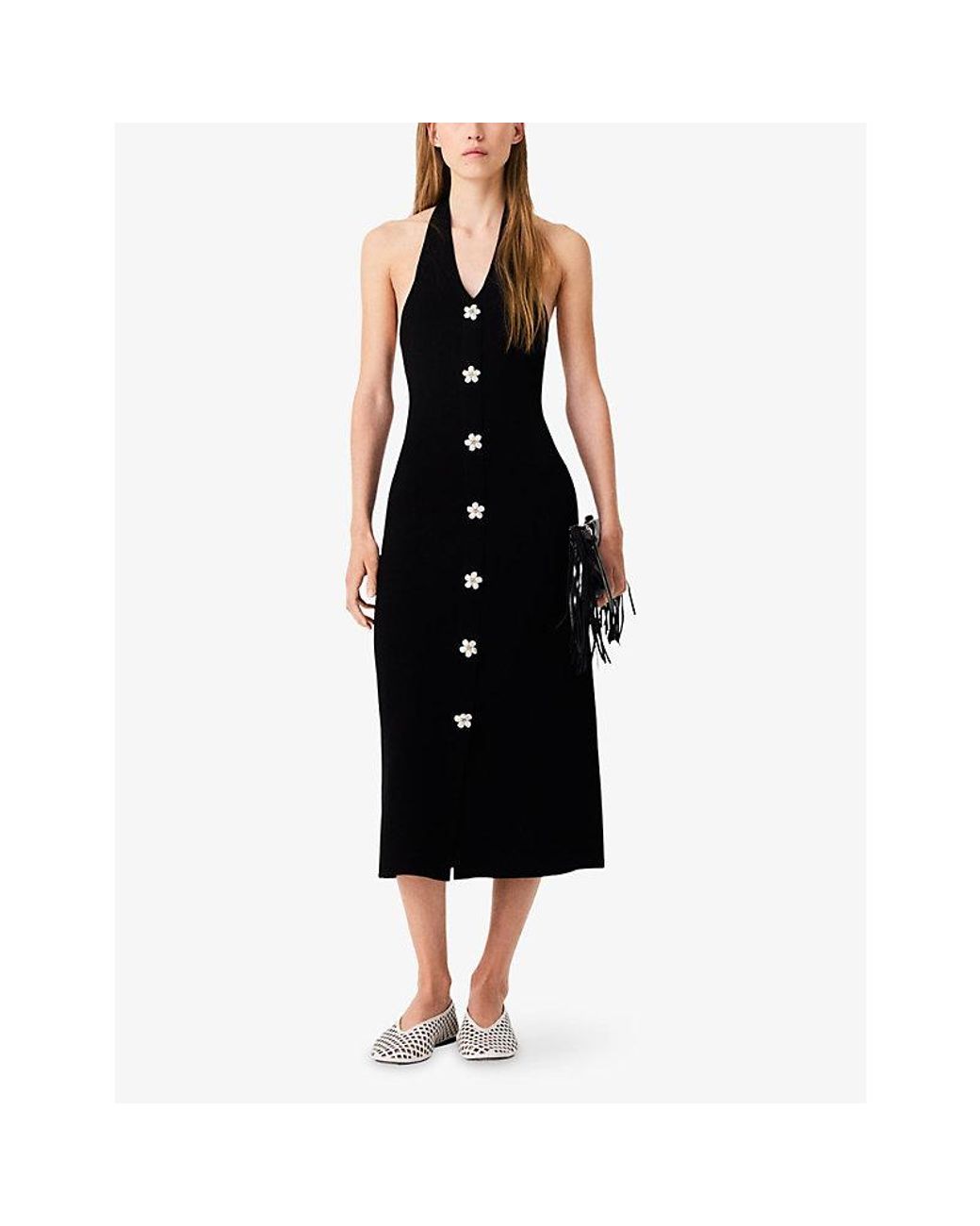 Maje Black Sleeveless Floral-Jewel Stretch-Woven Midi Dress