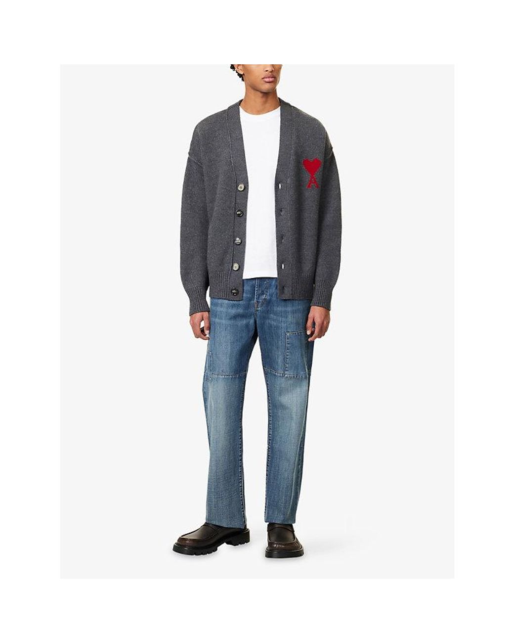 AMI Gray Adc Heart Knitted Wool Cardigan for men