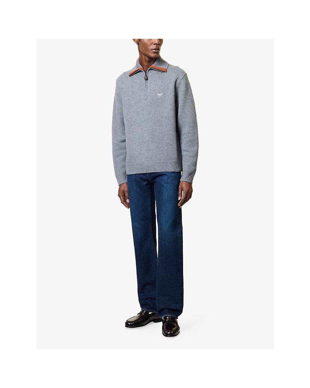 Emporio Armani Gray Embroidered-Logo Chunky Knitted Wool Pullover for men