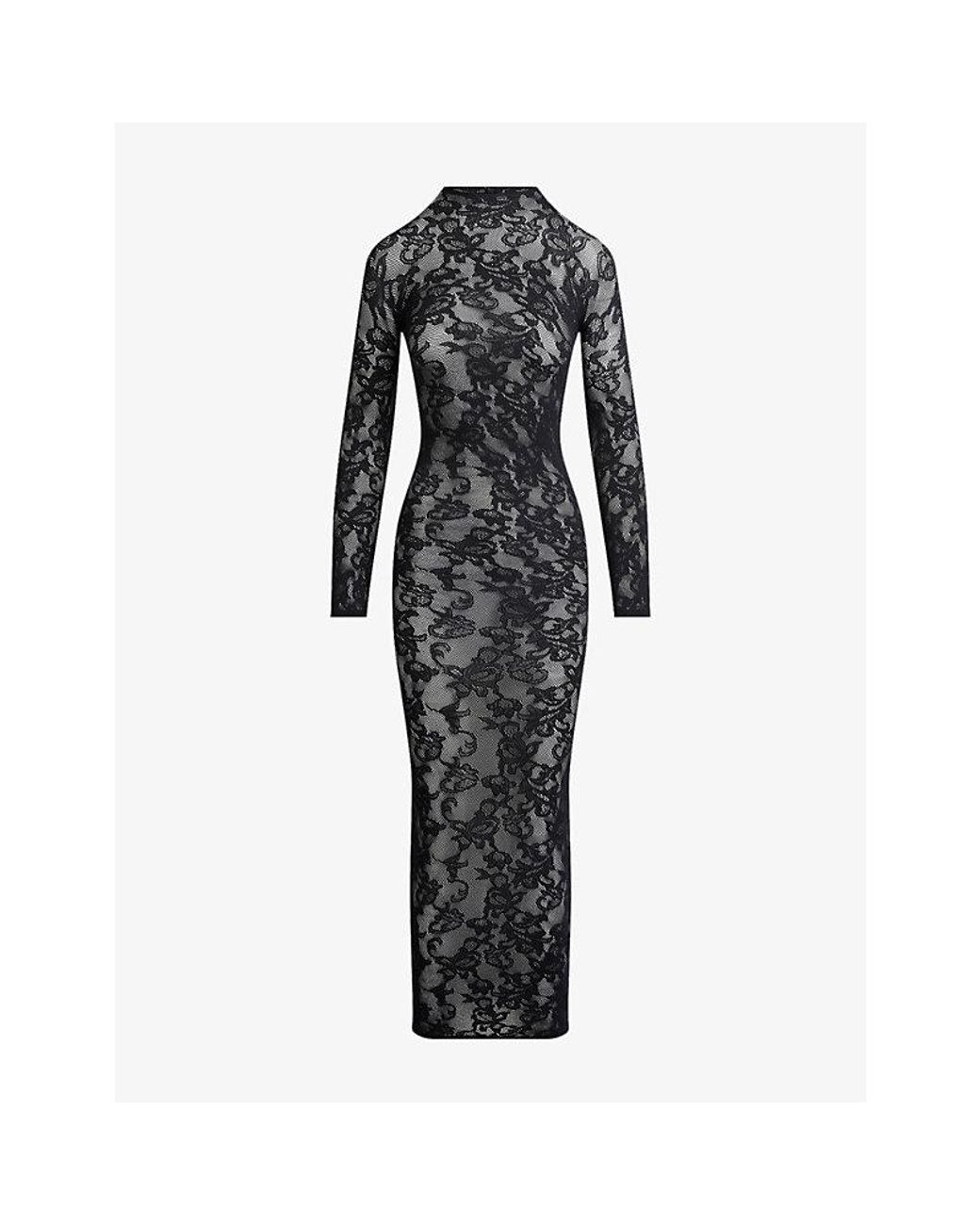 skims knit lace mock neck dress Skims Knit Lace Mock Neck Midi Dress in Black