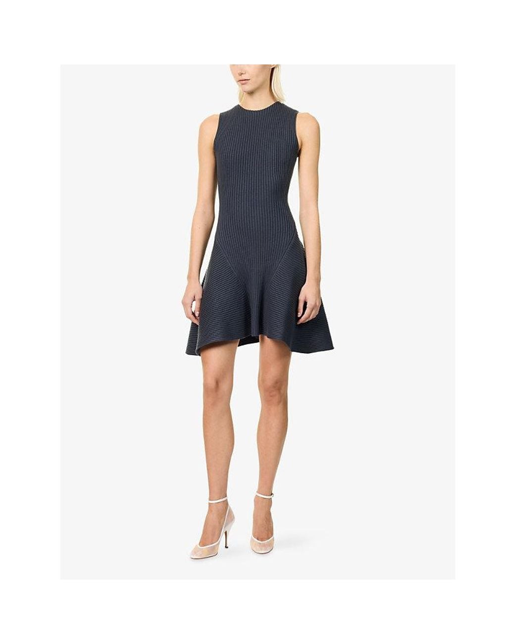 Alaïa Blue Ribbed Flared-Hem Wool-Blend Midi Dress