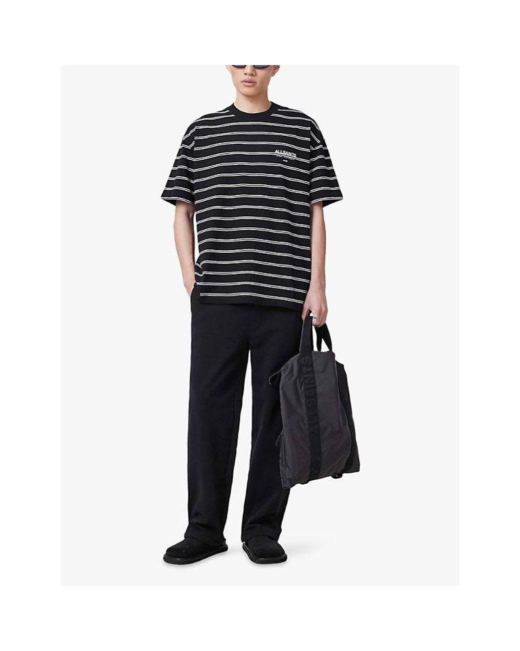 AllSaints Black Underground Stripe-Print Relaxed-Fit Cotton T-Shirt for men