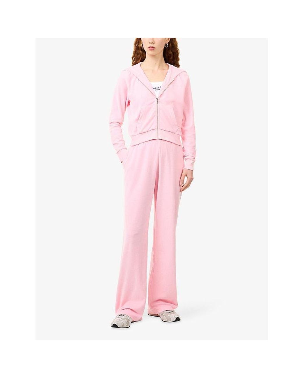 Sporty & Rich Pink Signature-Logo Krystal Zip Velour Hoody