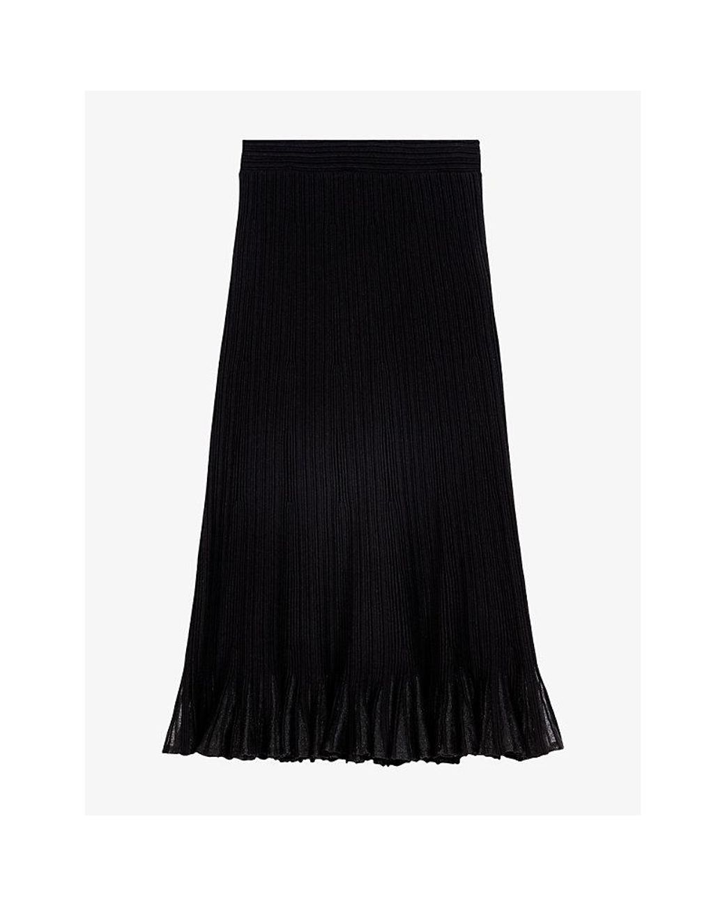 Maje Black Pleated Peplum-Hem Knitted Midi Skirt