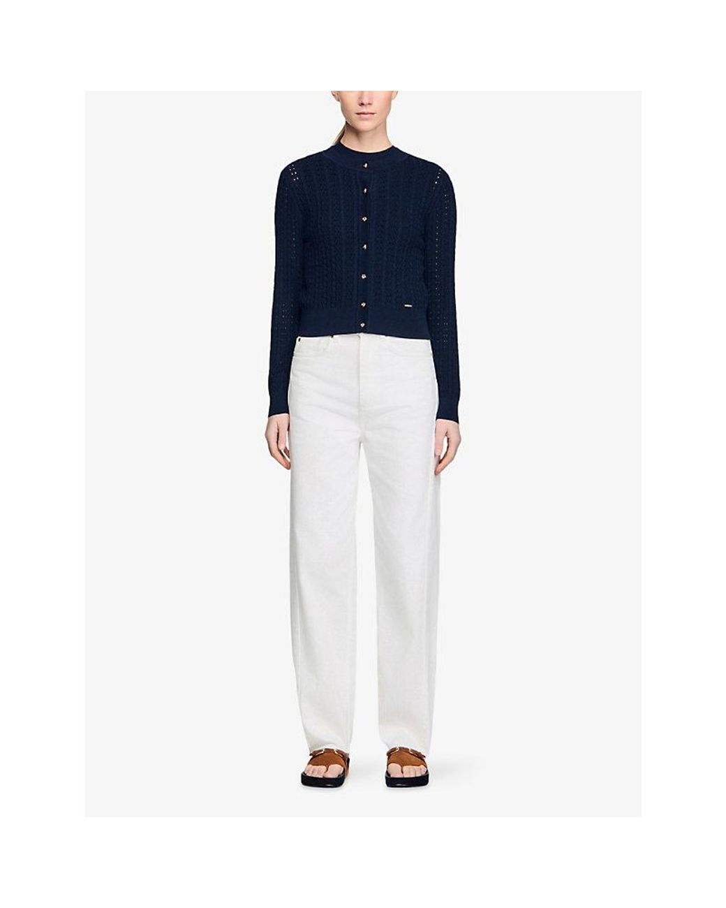 Sandro Blue Cropped Textured Knitted Cardigan